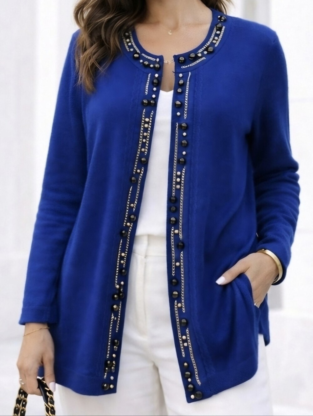 Cobalt Embellished Statement Knit Jacket | 1X | Heavyweight Structured